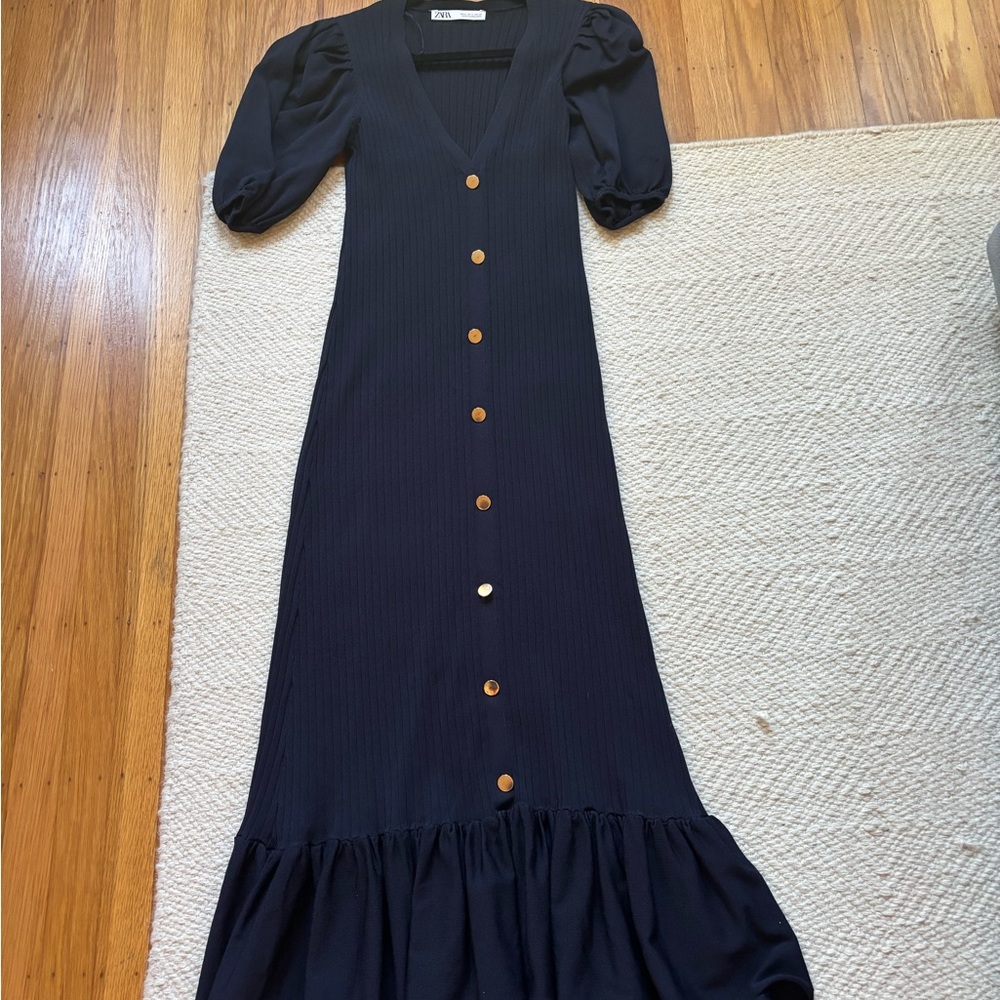 Elegant navy Zara Maxi Dress with gold buttons